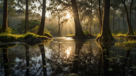 Sunrise in the forest with reflection of trees in the water.の写真素材