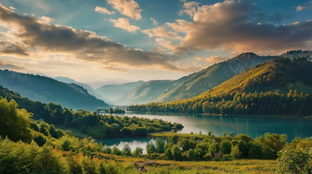 Panoramic view of beautiful lake in the mountains at sunset.の写真素材