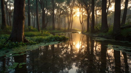 Sunset in a pine forest with fog and reflection in the waterの写真素材