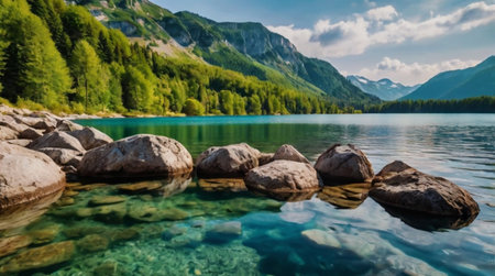 Beautiful mountain lake with crystal clear water and stones in the foregroundの写真素材