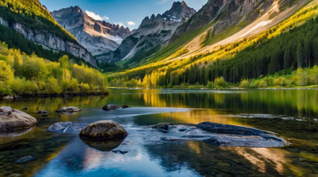 Mountain lake with reflection in the water. Beautiful summer landscape.