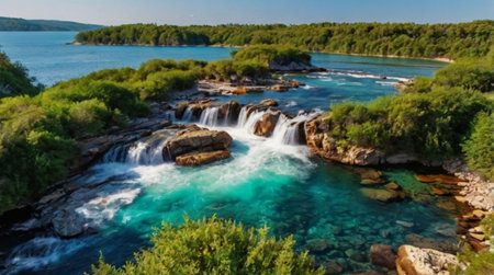 Panoramic view of a waterfall on the island of Krka, Croatiaの写真素材