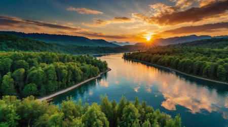 Aerial view of beautiful sunset over the river. Beautiful summer landscape.の写真素材