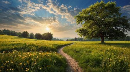 Sunset over a meadow with a tree and a dirt roadの写真素材