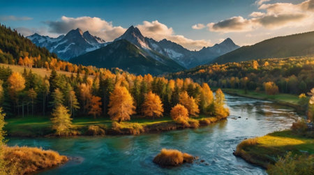 Panoramic view of autumn alpine landscape with river and mountains.の写真素材