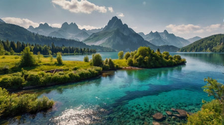 Panoramic view of the mountain lake in the Dolomitesの写真素材