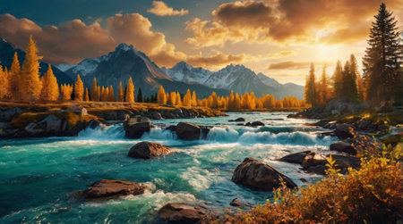 Colorful autumn landscape with mountain river and forest at sunset time.の写真素材