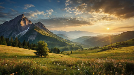 Sunset in the Dolomites, Italy. Panoramic view