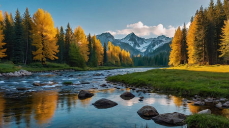 Panoramic view of a mountain river in the middle of autumnの写真素材