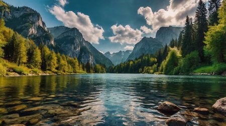 Panoramic view of Lake Braies in Dolomites, Italyの写真素材