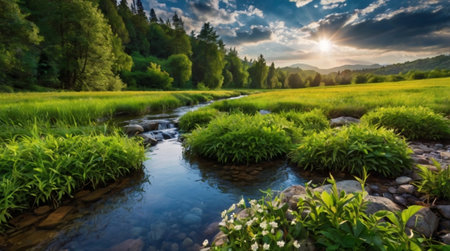 Beautiful landscape of rice field and mountain river in the morning.の写真素材