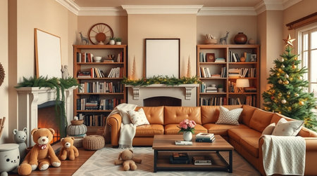 Cozy living room with Christmas tree and fireplace. 3d rendering.の写真素材