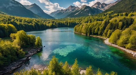 Panoramic view of beautiful turquoise mountain lake in the mountains