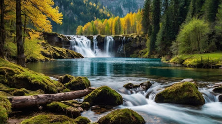 Beautiful waterfall in the autumn forest. Waterfall in the mountainsの写真素材