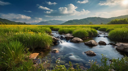 Beautiful landscape of rice field and mountain river in the morning.