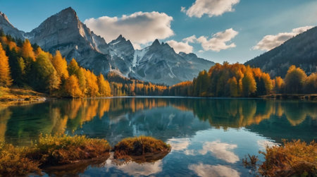 Panoramic view of beautiful alpine lake Misurina in autumn, Italyの写真素材
