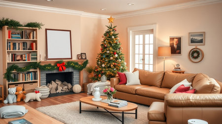 Beautiful living room interior with Christmas tree and fireplace. 3d renderingの写真素材