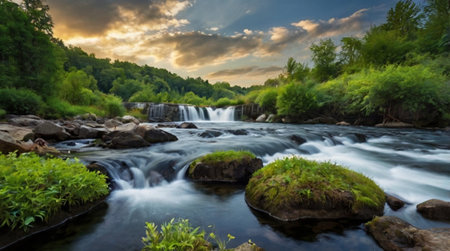 Panoramic view of a waterfall in the middle of the forest at sunset