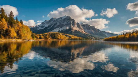 Panorama view of Misurina lake in autumn, Dolomites, Italyの写真素材