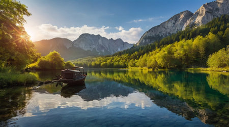 Boat on the lake in the mountains. Landscape of the lake.の写真素材