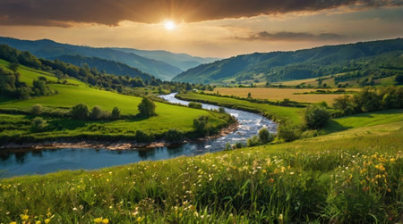 Beautiful summer landscape with mountain river and meadow at sunset.の写真素材