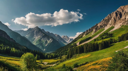 Panoramic view of the alpine meadows in Dolomites, Italy