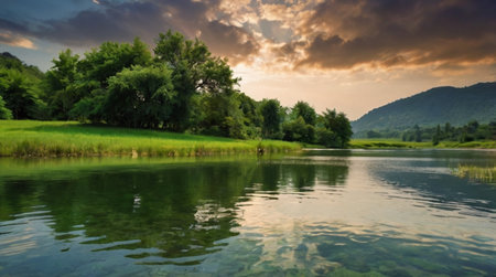 Landscape of a beautiful lake in the mountains under a cloudy sky