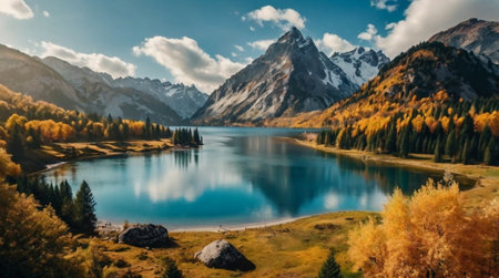 Panoramic view of beautiful alpine lake in autumn season.の写真素材