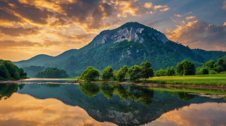 Sunset on the lake with mountains in the background and reflection in waterの写真素材