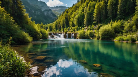 Mountain lake in the Alps with a waterfall in the foreground.