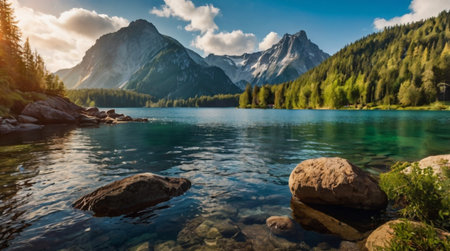 Panoramic view of the mountain lake in the Dolomites, Italyの写真素材