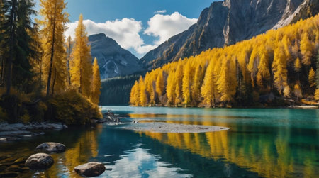 Panoramic view of beautiful alpine lake in autumn, Dolomites, Italyの写真素材
