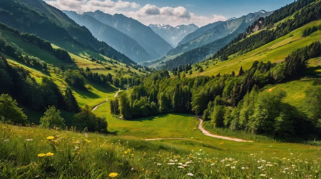 Beautiful summer landscape with green hills and meadows in the mountainsの写真素材