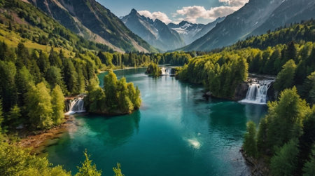 Beautiful alpine lake with clear turquoise water in mountainsの写真素材