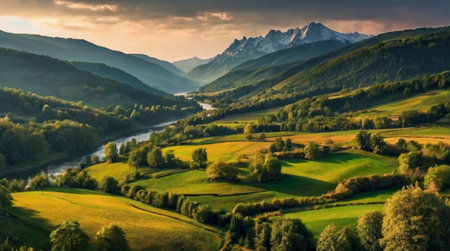 Panoramic view of the river and mountains at sunset. Beautiful summer landscape.の写真素材