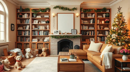 Interior of living room with Christmas tree, fireplace and comfortable sofaの写真素材