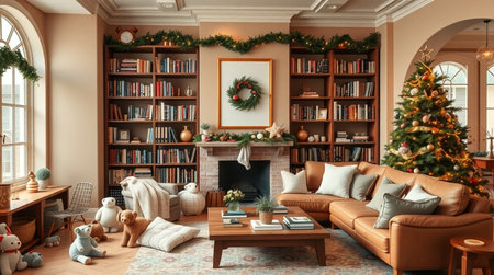 Christmas living room interior with Christmas tree and fireplace. 3d render