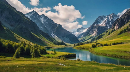 Panoramic view of the mountain lake in the mountains. Beautiful summer landscape.の写真素材