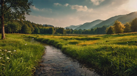 Panoramic view of a small river in the mountains at sunset