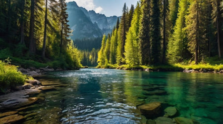 Panoramic view of a mountain river in the Dolomitesの写真素材