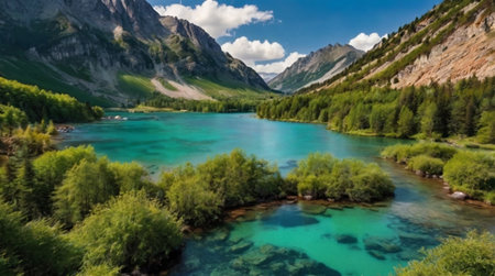 Beautiful view of turquoise lake in the mountains, Altai Republic, Russia