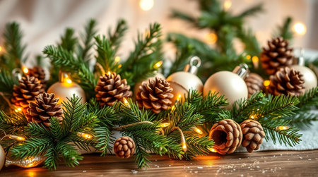 Christmas wreath with fir branches, cones and lights on wooden background