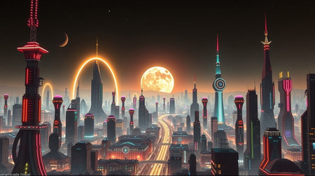 Futuristic city at night with full moon. 3d renderingの写真素材