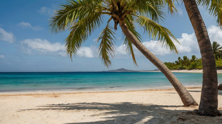 Tropical beach with coconut palm tree at Seychellesの写真素材