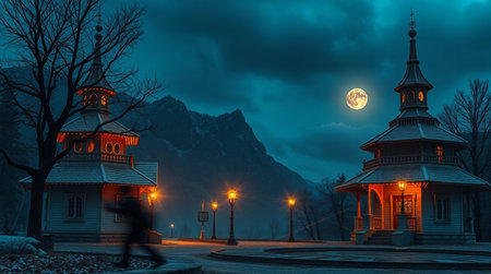 Old wooden church in the mountains at night with full moon in the skyの写真素材