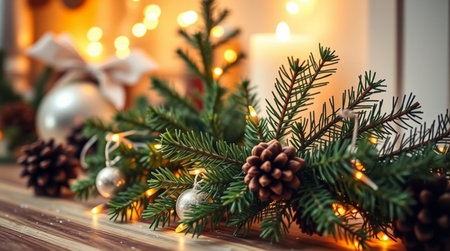 Christmas and New Year background with fir branches, cones, Christmas decorations and candles.の写真素材