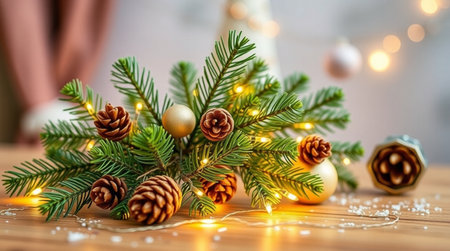Christmas tree branches with golden balls and lights garland on wooden background