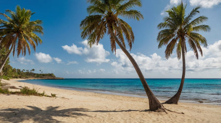 Palm trees on a tropical beach with turquoise water and blue skyの写真素材