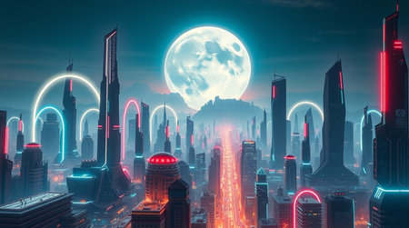 Futuristic city at night with full moon. 3d renderingの写真素材
