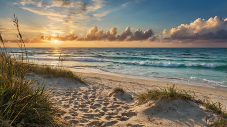 Beautiful sunset over the sea. Panoramic view of the beach and the sea.の写真素材